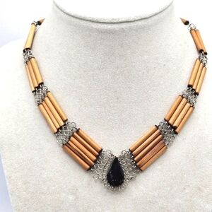 VINTAGE Peruvian Handmade Bamboo Beaded Black Stone Pendant Necklace
